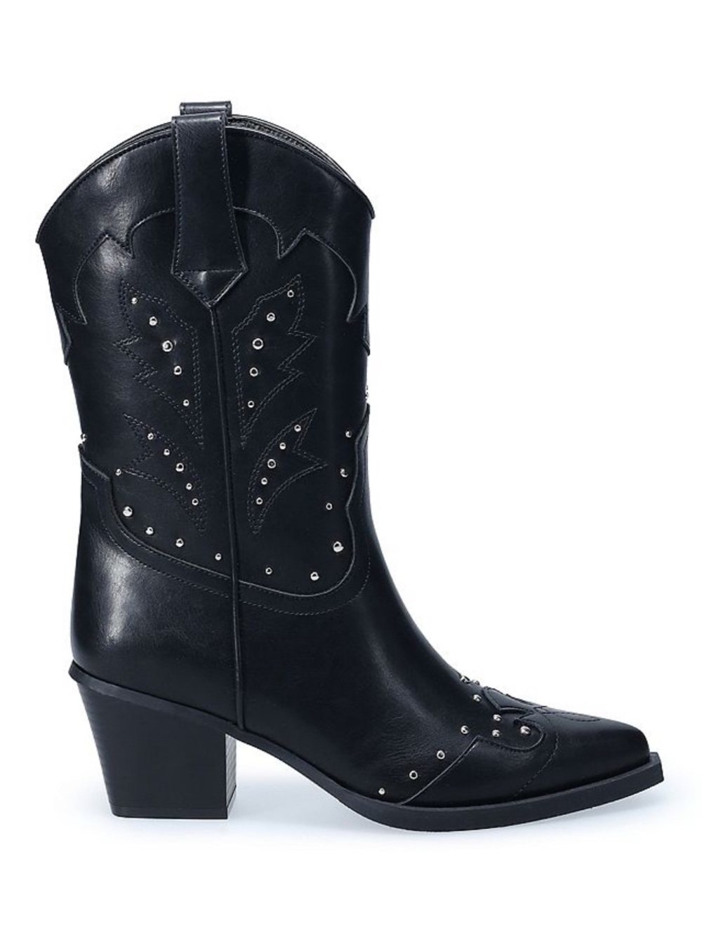 SO rivver Black Western Studded Mid-Calf Heel Boots